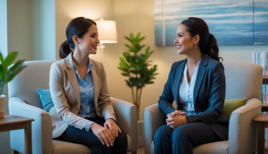 A female therapist and a woman patient having a calm conversation in a comfortable counseling room.