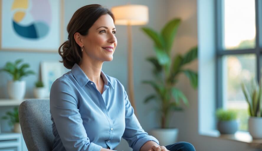 A female therapist sitting in a bright, comfortable office with plants and calming decor, looking warm and approachable.