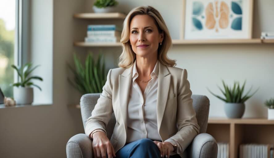 A female therapist sitting in a comfortable office, looking empathetic and welcoming.