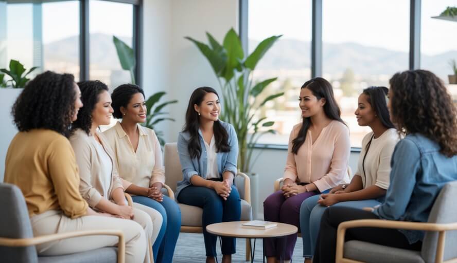 A group of women in a bright therapy office talking with a female therapist, creating a warm and supportive atmosphere.