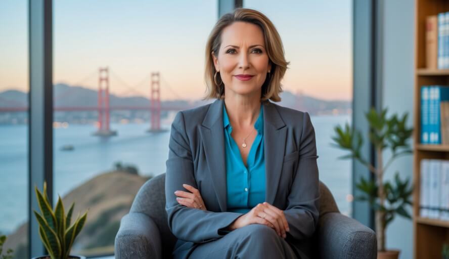 A female therapist sitting in a bright office with a window view of San Francisco, looking warm and approachable.