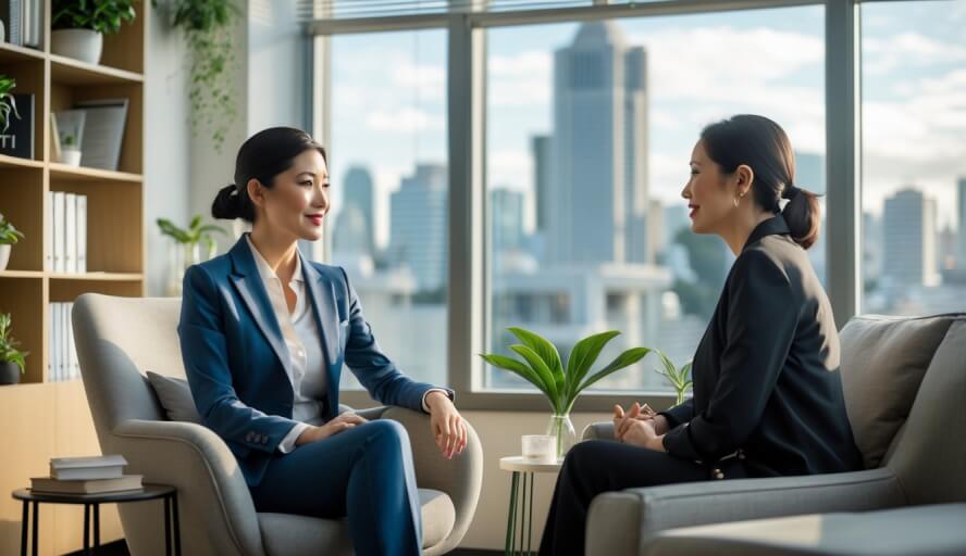 A female therapist attentively listening to a female client in a bright therapy office with a view of San Francisco.