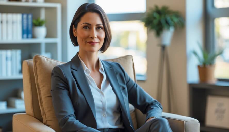 A female therapist sitting in a warm, inviting office with books and a plant, looking calm and approachable.