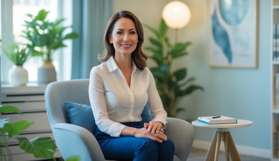 A female therapist sitting in a bright, modern office with plants and books, smiling warmly and attentively.