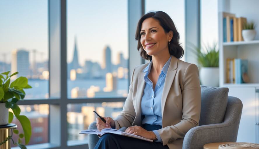 A female therapist sitting in a bright office with a view of San Francisco, smiling warmly and holding a notebook.