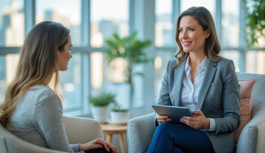 A female therapist and female client having a supportive conversation in a bright, modern office with a city view.