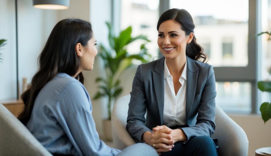 A female therapist attentively listening to a female client in a bright, comfortable therapy office.