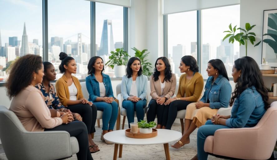 A group of women and a female therapist having a supportive counseling session in a bright room with a city view.