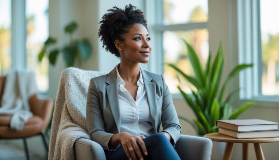 A caring female therapist sitting in a modern office, attentively listening and smiling warmly.