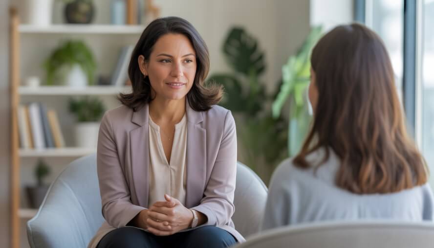 A female therapist talking empathetically with a female client in a bright, modern therapy office.