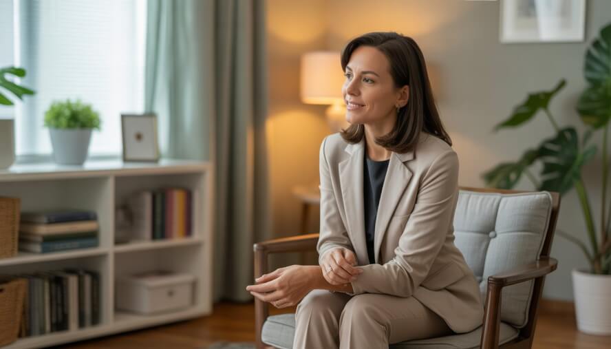A female therapist sitting in a comfortable office, attentively listening with a gentle smile, surrounded by books and soft natural light.