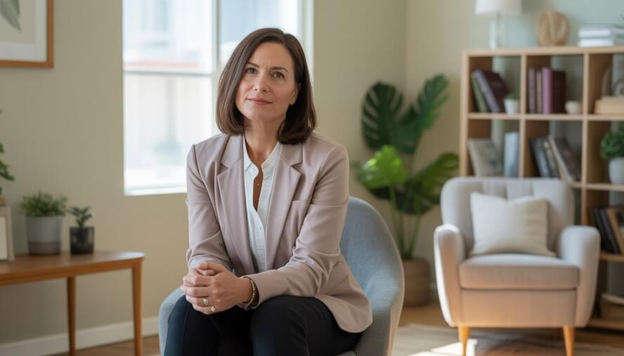 A female therapist sitting in a bright, comfortable office with books and a plant in the background.