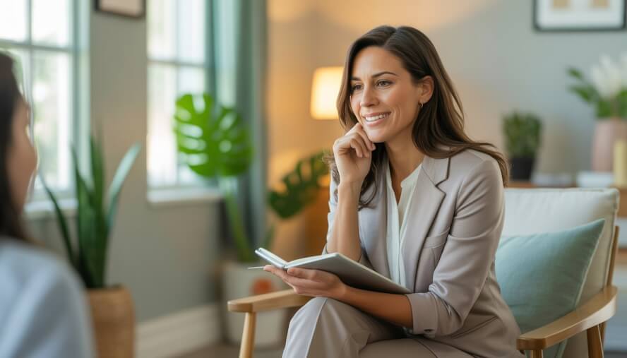 A Hispanic female therapist sitting in a bright office, smiling gently and listening attentively.