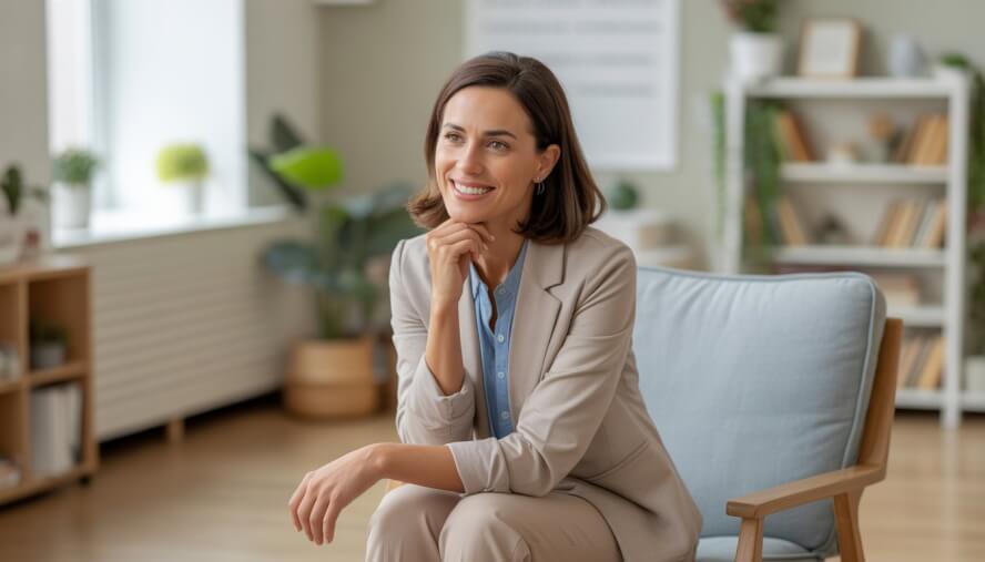 A female therapist sitting in a bright, comfortable office, smiling warmly and creating a welcoming atmosphere.