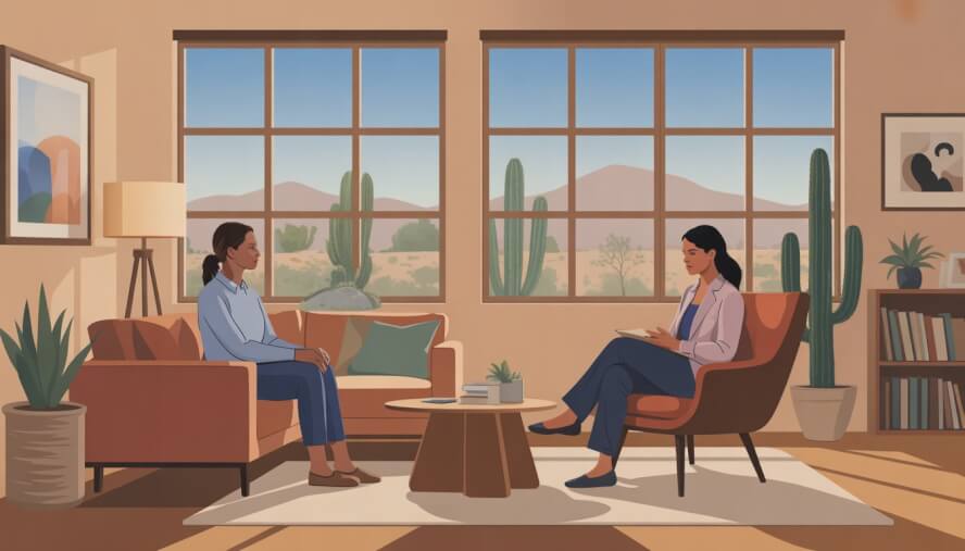 A female therapist and woman client talking in a bright therapy office with desert landscape visible through the windows.