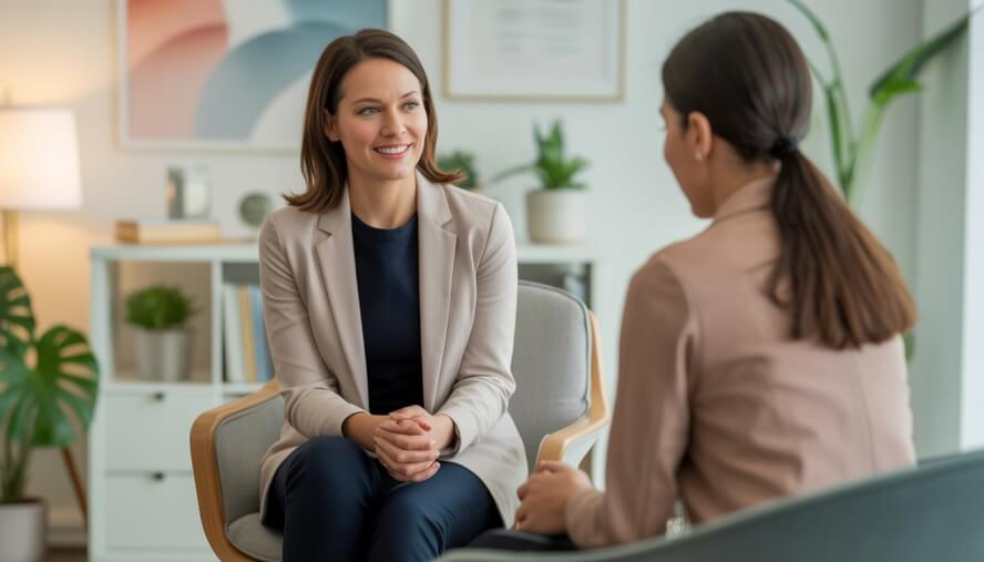 A female therapist attentively listening to a female client in a bright, modern office with plants and bookshelves.