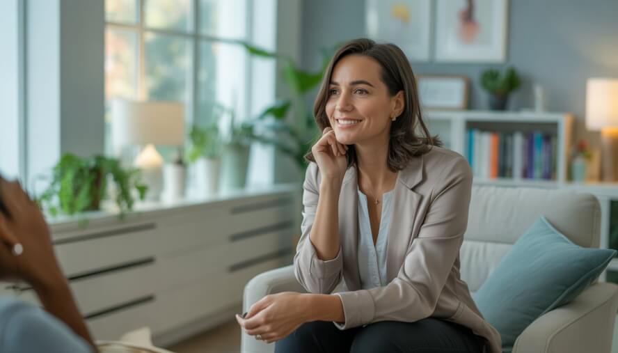 A female therapist sitting in a bright, modern office with plants and bookshelves, looking attentive and compassionate.