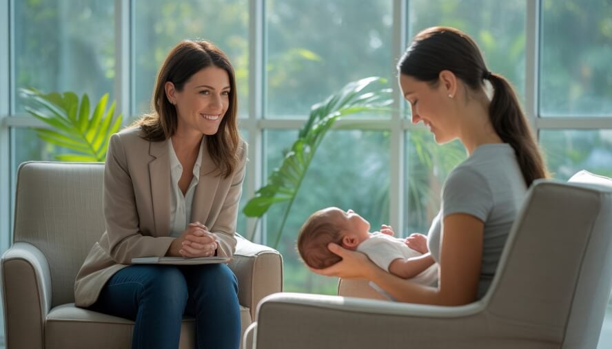 A female therapist talking with a young mother holding her baby in a bright, comfortable counseling office.