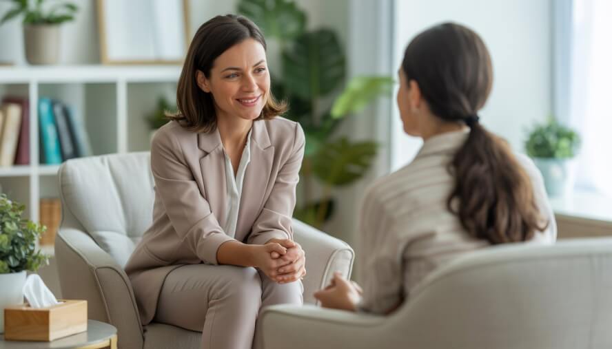 A female therapist attentively listening to a female client in a bright, comfortable counseling office.