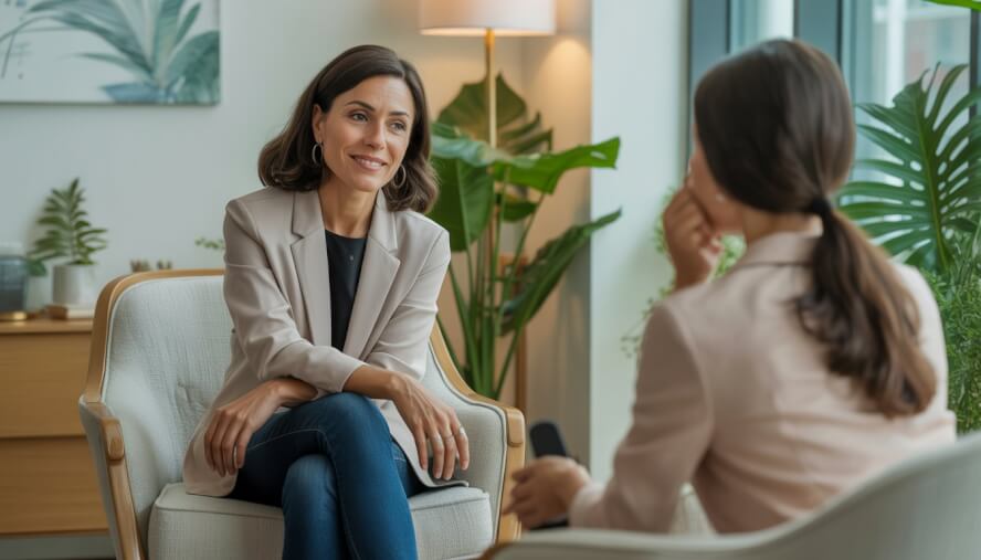 A female therapist attentively listening to a female client in a bright, comfortable therapy office.
