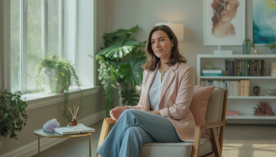 A female therapist sitting in a bright, welcoming office with plants and books, creating a calm and supportive environment.
