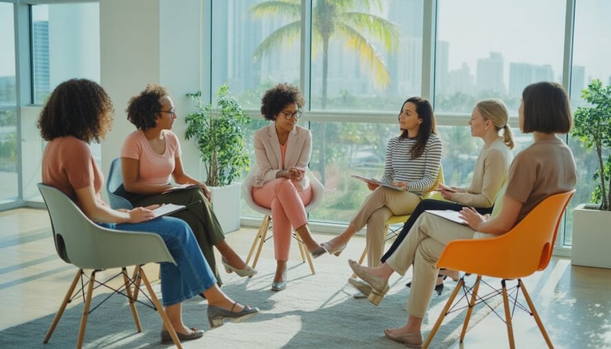 A group of women sitting in a circle with a female therapist in a bright office with palm trees and city skyline visible through large windows.