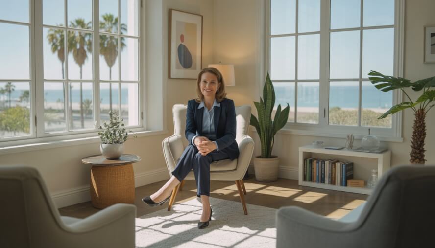 A female therapist sitting in a bright office with large windows showing palm trees and ocean, creating a welcoming atmosphere.