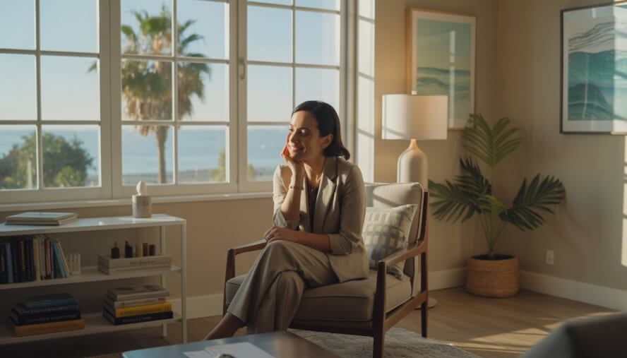 A female therapist sitting in a comfortable chair in a bright room with a view of palm trees and the ocean, attentively listening and smiling gently.