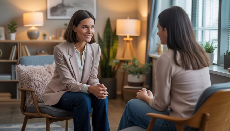 A female therapist attentively listening to a female client in a warm, inviting office.