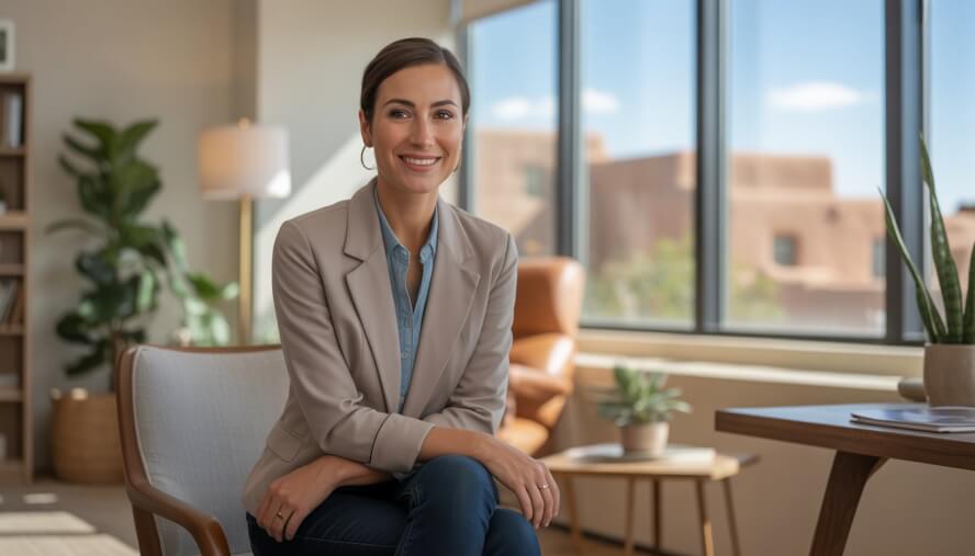 A female therapist sitting in a bright office with a window showing a desert landscape and adobe buildings.