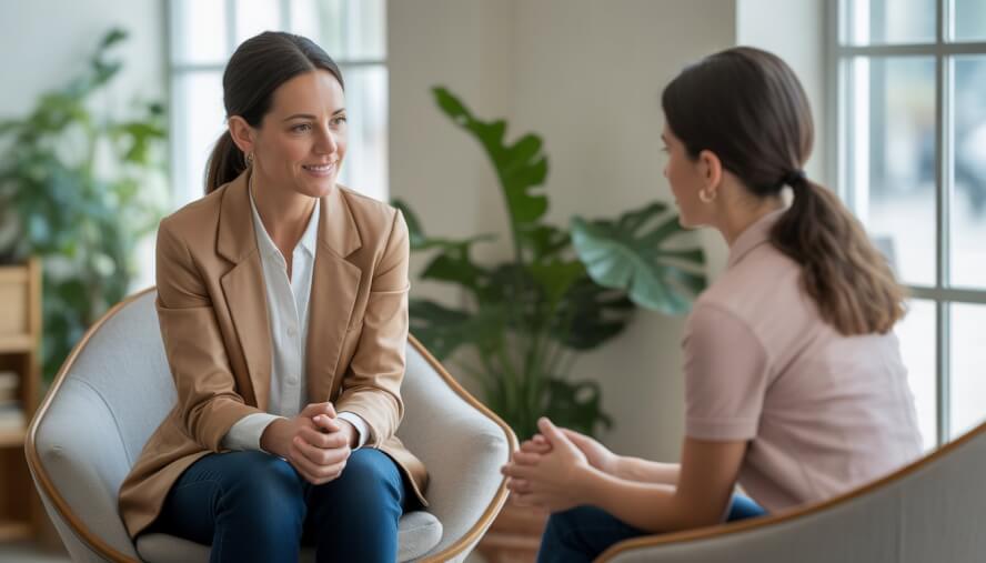 A female therapist and a female client having a calm conversation in a bright, comfortable office.