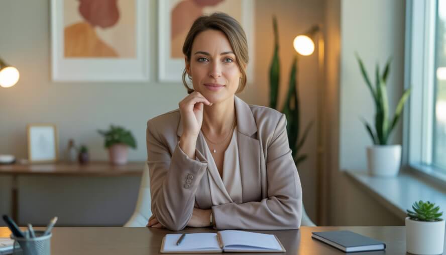 A female therapist sitting in a bright office with Southwestern decor, smiling warmly and ready to help.