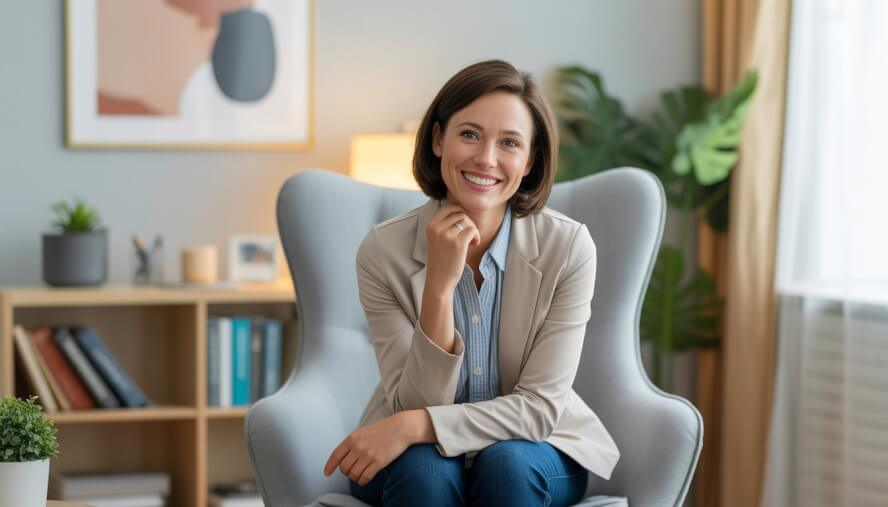 A female therapist sitting in a bright, comfortable office, smiling warmly and creating a welcoming atmosphere.