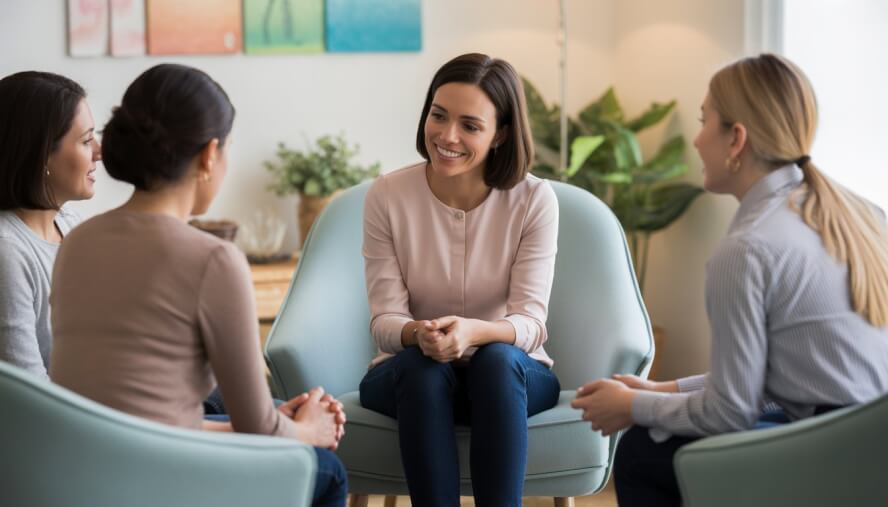 A female therapist talking with a group of women in a bright, comfortable counseling room.