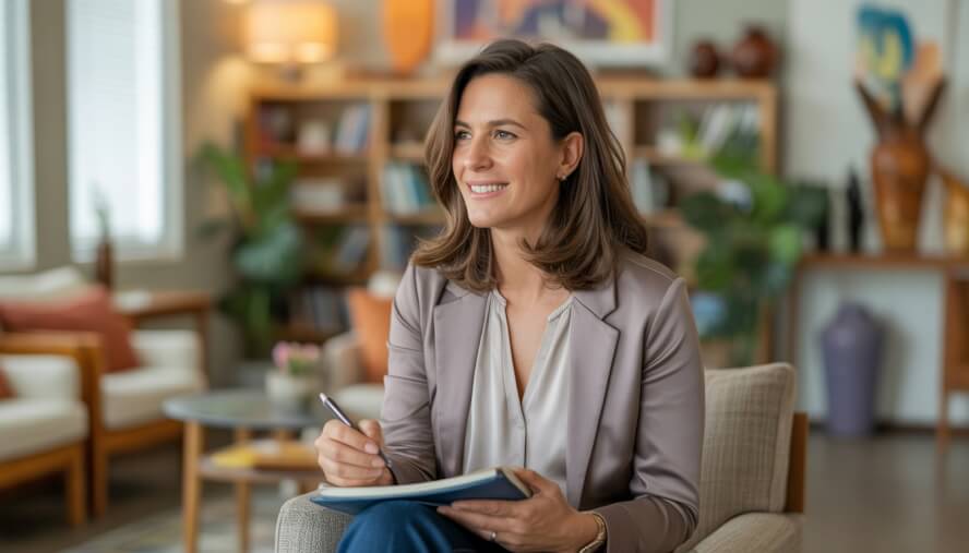 A female therapist sitting in a bright office, engaged in a calm conversation, with bookshelves and plants in the background.
