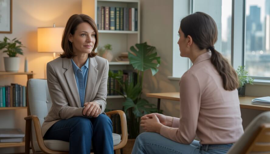 A female therapist and a female client sitting in a warm, inviting therapy office having a supportive conversation.