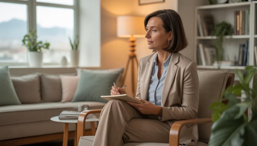 A female therapist sitting in a comfortable office, attentively listening with a notepad in hand, with a window showing a city and mountain view in the background.