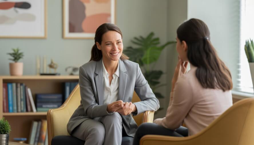 A female therapist talking supportively with a female client in a cozy office.