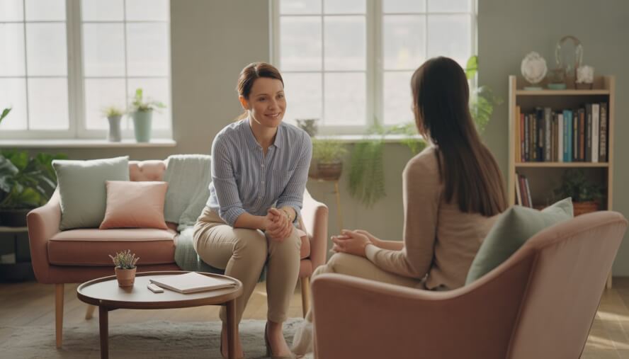 A female therapist and a woman client having a supportive conversation in a warm, comfortable therapy office.