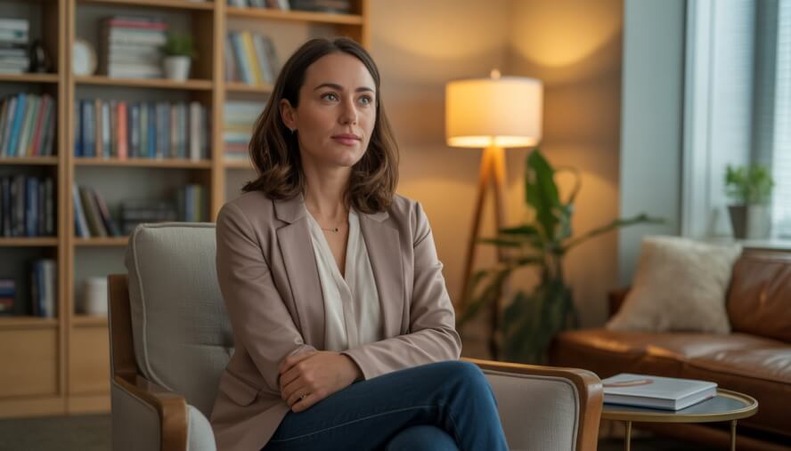 A female therapist sitting in a comfortable office with bookshelves and a plant, looking calm and compassionate.