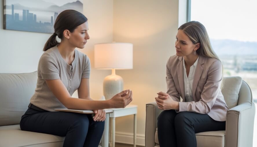 A female therapist and a woman client sitting and talking in a comfortable therapy office with a view of mountains in the background.