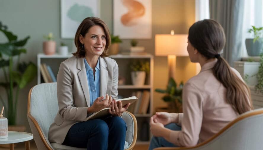 A female therapist talking with a female client in a comfortable office setting.