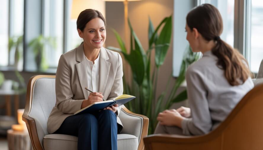 A female therapist attentively listening to a female client in a comfortable, well-lit office.