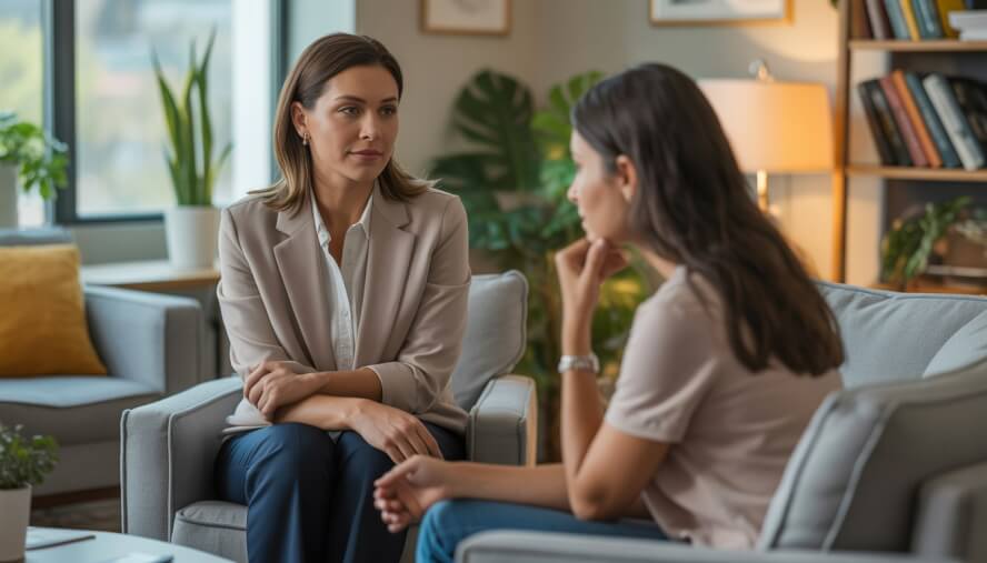 A female therapist attentively listening to a female client in a comfortable, well-lit office.