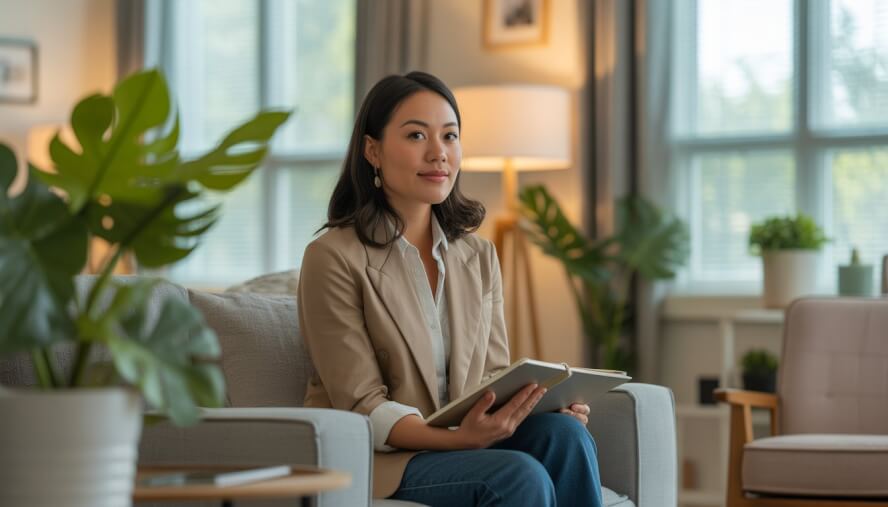 A woman therapist sitting in a comfortable, well-lit office with plants and minimal decor, looking calm and attentive.