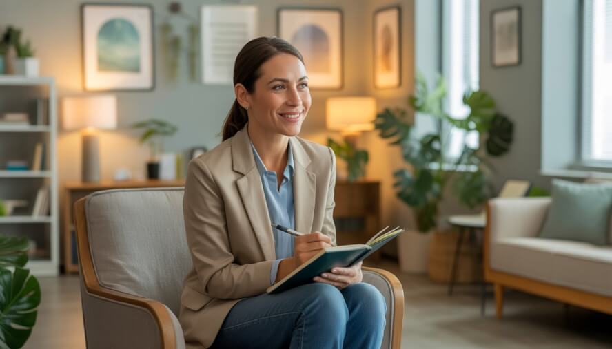 A female therapist sitting in a comfortable office, attentively listening and holding a notebook.
