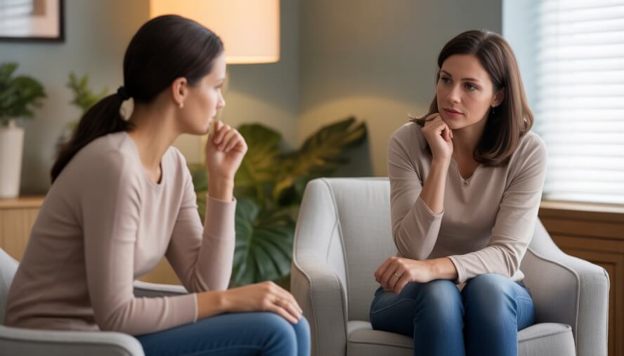 A female therapist attentively listens to a woman during a counseling session in a bright, comfortable therapy room.