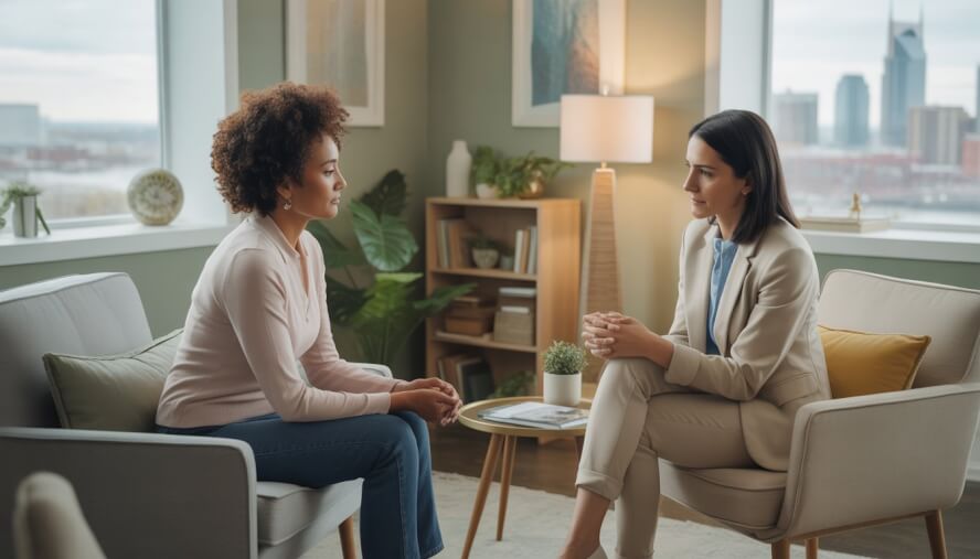 A female therapist and a female client having a supportive conversation in a bright, comfortable therapy office with a cityscape visible through the window.