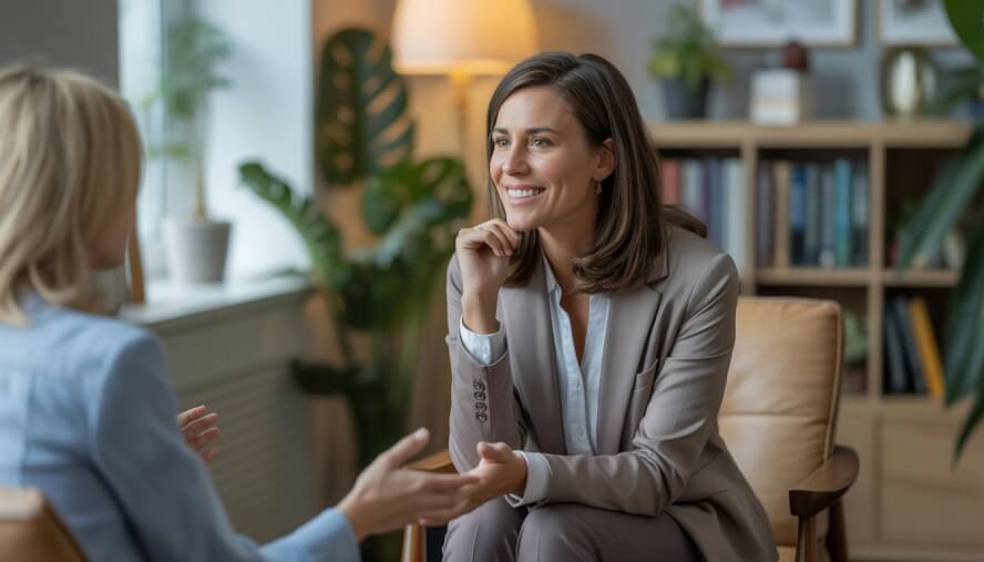 A female therapist sitting in a comfortable office, listening attentively and smiling gently during a therapy session.