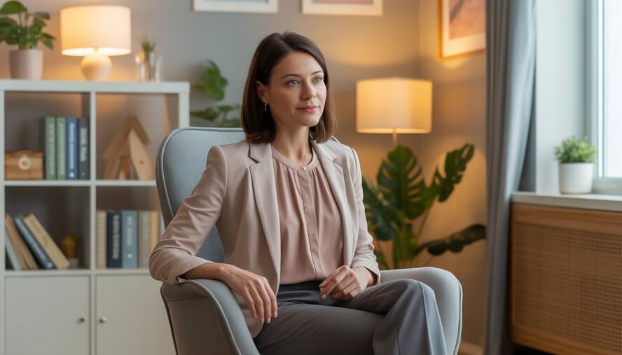 A female therapist sitting in a comfortable office, looking kind and attentive.